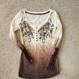 Cream and Brown Embellished Long Sleeve Top